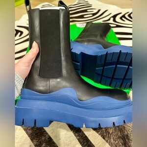 Bottega Veneta Black Leather Lug Boots with Blue Sole